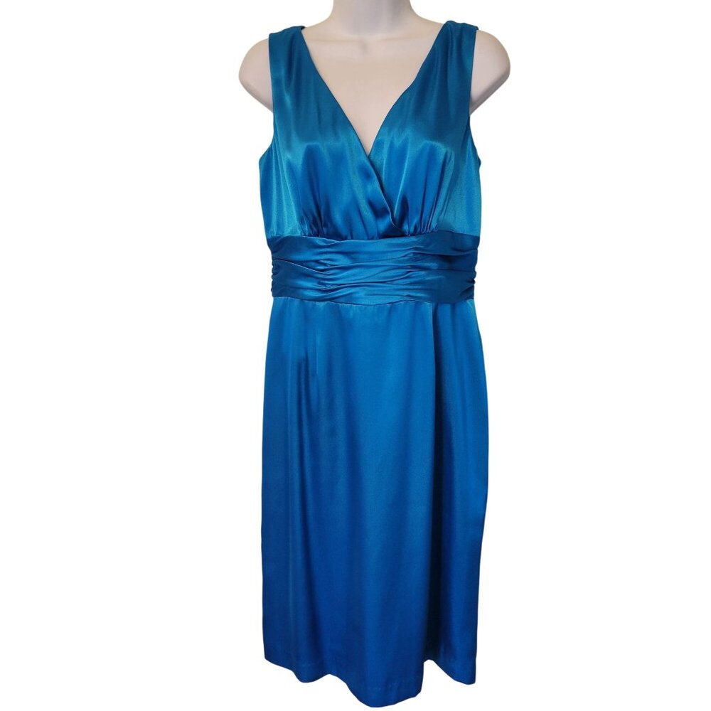 Eliza J‎ Blue Sleeveless Satin Faux Wrap Dress 10 Elegant Evening Wear Sheath